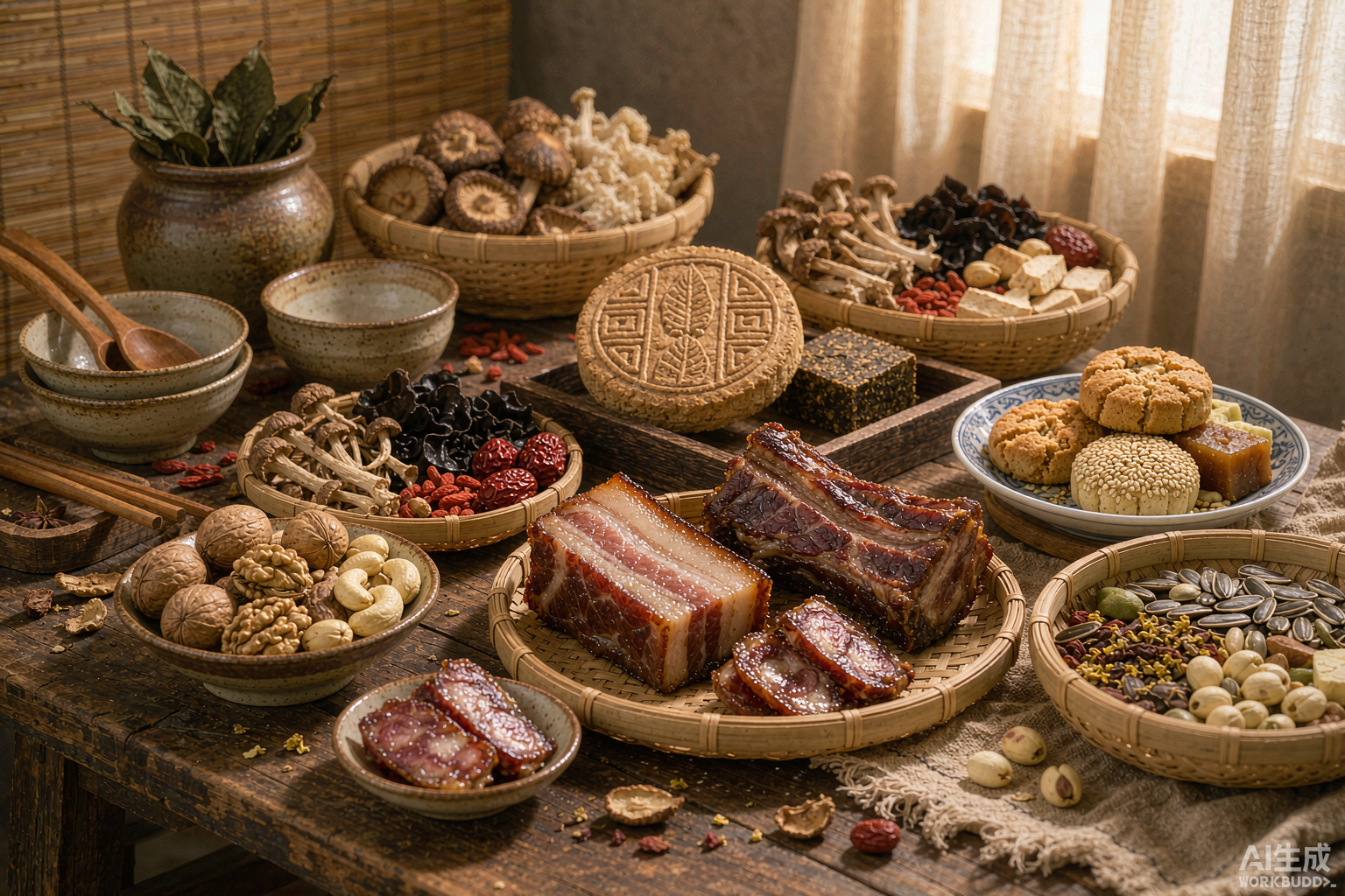 土特产静物：腊肉、菌菇山货、坚果炒货与糕点茶饼
